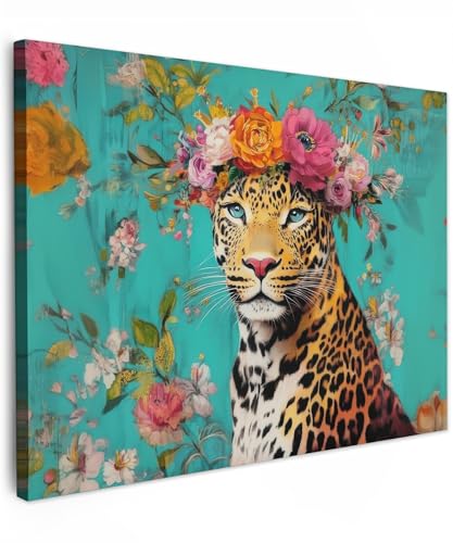 MuchoWow© Bild auf Leinwand 80x60 cm Schlafzimmer Bilder Badezimmer Wand Deko Wohnzimmer Modern Wanddeko Bilderwand Geschenk Leopard - Blumen - Krone von MuchoWow