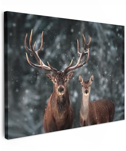 MuchoWow© Bild auf Leinwand 80x60 cm Schlafzimmer Bilder Wand Deko Wohnzimmer Modern Wanddeko Bilderwand Geschenk Hirsch - Rotwild - Reh - Tiere - Winter - Geweih - Schnee - Natur von MuchoWow