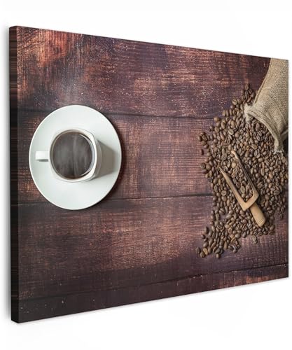 MuchoWow© Bild auf Leinwand 80x60 cm Schlafzimmer Bilder Wand Deko Wohnzimmer Modern Wanddeko Bilderwand Geschenk Kaffee - Kaffeebohnen - Küche - Holz - Beutel von MuchoWow