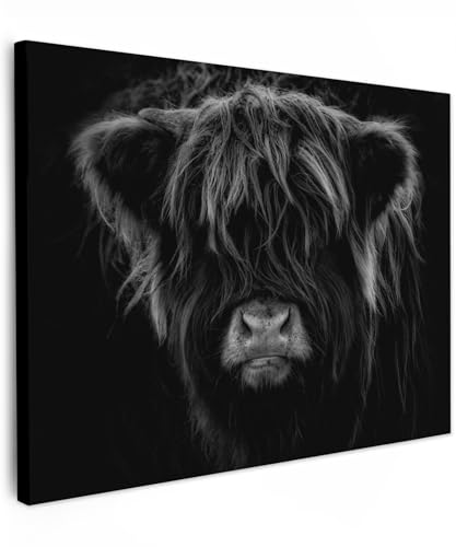 MuchoWow© Bild auf Leinwand 80x60 cm Schlafzimmer Bilder Wand Deko Wohnzimmer Modern Wanddeko Bilderwand Geschenk Schottisches Hochlandrind - Highland Cow - Kuh - Schwarz und Weiß - Tiere von MuchoWow
