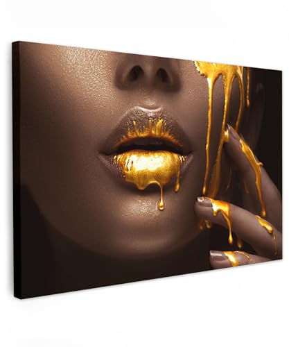 MuchoWow© Bild auf Leinwand 90x60 cm Schlafzimmer Bilder Badezimmer Wand Deko Wohnzimmer Modern Wanddeko Bilderwand Geschenk Frau - Gold - Farbe - Lippen - Porträt von MuchoWow