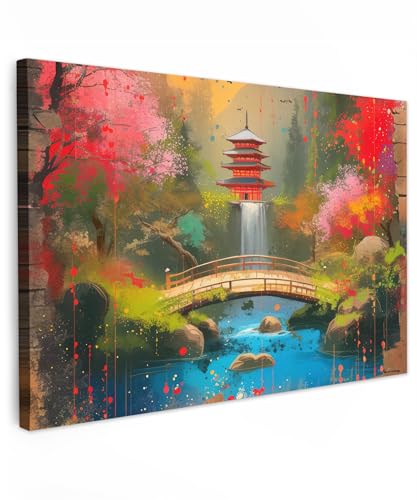 MuchoWow© Bild auf Leinwand 90x60 cm Schlafzimmer Bilder Badezimmer Wand Deko Wohnzimmer Modern Wanddeko Bilderwand Geschenk Graffiti - Japanse tuin - Kleurrijk - Japan - Street art von MuchoWow