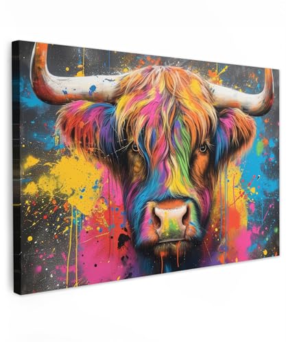 MuchoWow© Bild auf Leinwand Groß 120x80 cm XXL Schlafzimmer Bilder Badezimmer Wand Deko Wohnzimmer Modern Wanddeko Bilderwand Geschenk Graffiti - Schottische Hochlandrind - Kuh - Farbenfroh von MuchoWow