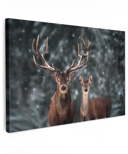 MuchoWow© Bild auf Leinwand Groß 120x80 cm XXL Schlafzimmer Bilder Wand Deko Wohnzimmer Modern Wanddeko Bilderwand Geschenk Hirsch - Rotwild - Reh - Tiere - Winter - Geweih - Schnee - Natur von MuchoWow