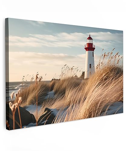 MuchoWow© Bild auf Leinwand Groß 120x80 cm XXL Schlafzimmer Bilder Wand Deko Wohnzimmer Modern Wanddeko Bilderwand Geschenk Maritime - Leuchtturm - Gras - Dünen - Meer - Natur - Maritim von MuchoWow