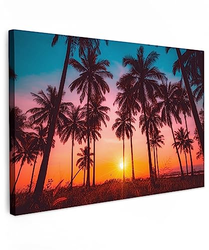 MuchoWow© Bild auf Leinwand Groß 120x80 cm XXL Schlafzimmer Bilder Wand Deko Wohnzimmer Modern Wanddeko Bilderwand Geschenk Natur - Palme - Sonnenuntergang - Horizont - Strand - Orange - Rosa von MuchoWow