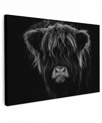 MuchoWow© Bild auf Leinwand Groß 120x80 cm XXL Schlafzimmer Bilder Wand Deko Wohnzimmer Modern Wanddeko Bilderwand Geschenk Schottisches Hochlandrind - Highland Cow - Kuh - Schwarz und Weiß - Tiere von MuchoWow