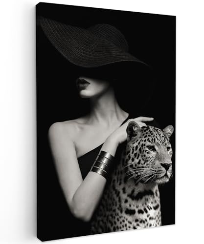MuchoWow© Bild auf Leinwand Groß 80x120 cm XXL Schlafzimmer Bilder Badezimmer Wand Deko Wohnzimmer Modern Wanddeko Bilderwand Geschenk Frau - Vintage - Porträt - Leopard - Schwarz und weiß von MuchoWow