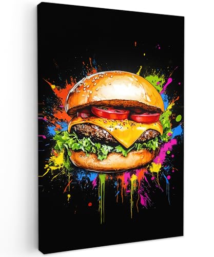 MuchoWow© Bild auf Leinwand Groß 80x120 cm XXL Schlafzimmer Bilder Badezimmer Wand Deko Wohnzimmer Modern Wanddeko Bilderwand Geschenk Hamburger - Graffiti - Farbe - Bunt - Essen - Abstrakt von MuchoWow