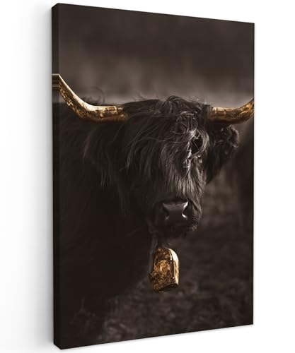 MuchoWow© Bild auf Leinwand Groß 80x120 cm XXL Schlafzimmer Bilder Wand Deko Wohnzimmer Modern Wanddeko Bilderwand Geschenk Schottisches Hochlandrind - Highland Cow - Gold - Kuh - Hörner - Tiere von MuchoWow