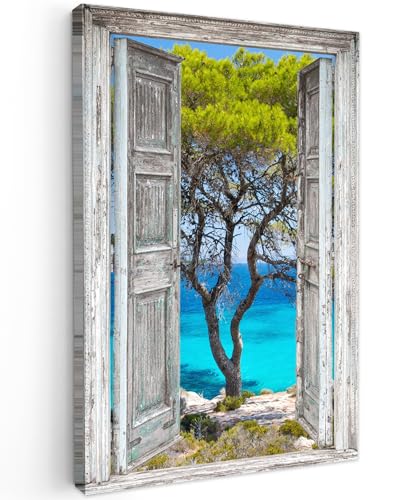 MuchoWow© Bild auf Leinwand Klein 20x30 cm Mini Schlafzimmer Bilder Wand Deko Wohnzimmer Modern Wanddeko Bilderwand Geschenk Baum - Tropisch - Meer - Fensterblick - Strand von MuchoWow