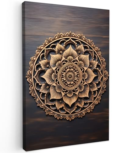 MuchoWow© Bild auf Leinwand Klein 20x30 cm Mini Schlafzimmer Bilder Wand Deko Wohnzimmer Modern Wanddeko Bilderwand Geschenk Mandala - Holz - Blumen - Braun von MuchoWow