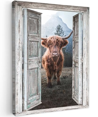 MuchoWow© Bilder 30x40 cm Wohnzimmer Deko Modern Wandbild Foto auf Leinwand Bild Schlafzimmer Room Decor Geschenke Schottische Highlander - Kuh - Landleben - Fensterblick von MuchoWow