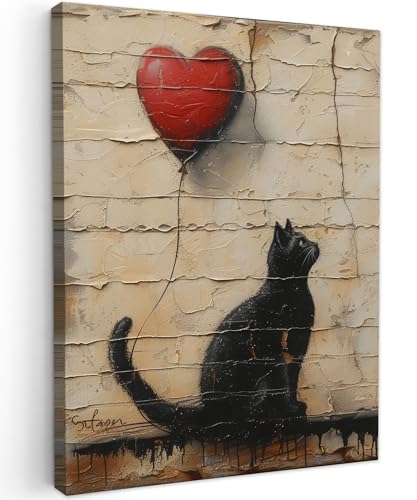 MuchoWow© Bilder 30x40 cm Wohnzimmer Deko Modern Wandbild Foto auf Leinwand Bild Schlafzimmer über Bett Room Decor Geschenke Street Art - Katze - Ballon - Graffiti - Banksy von MuchoWow