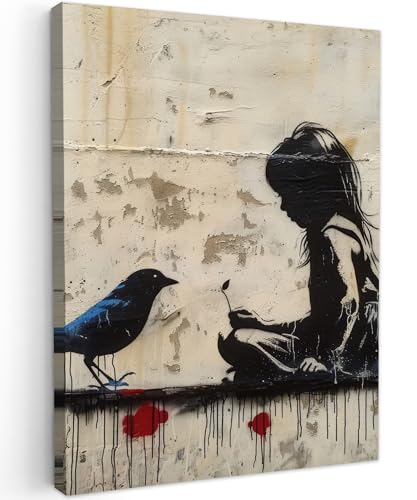 MuchoWow© Bilder 30x40 cm Wohnzimmer Deko Modern Wandbild Foto auf Leinwand Bild Schlafzimmer über Bett Room Decor Geschenke Street art - Mädchen - Vogel - Graffiti - Banksy von MuchoWow