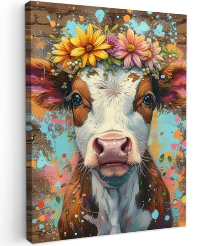 MuchoWow© Bilder 30x40 cm Wohnzimmer Deko Modern Wandbild Kunstdruck auf Leinwand Bild Schlafzimmer über Bett Room Decor Geschenke Kuh - Graffiti - Tiere - Blumen - Straßenkunst von MuchoWow