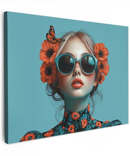 MuchoWow© Bilder 40x30 cm Wohnzimmer Deko Modern Wandbild Kunstdruck auf Leinwand Bild Schlafzimmer über Bett Room Decor Geschenke Frau - Blau - Schmetterling - Blumen - Ästhetisch von MuchoWow