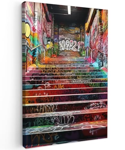 MuchoWow© Bilder 40x60 cm Wohnzimmer Deko Modern Wandbild Foto auf Leinwand Bild Schlafzimmer Room Decor Geschenke Banksy - Street Pop Art - Treppe - Graffiti - Farben - Kunst von MuchoWow