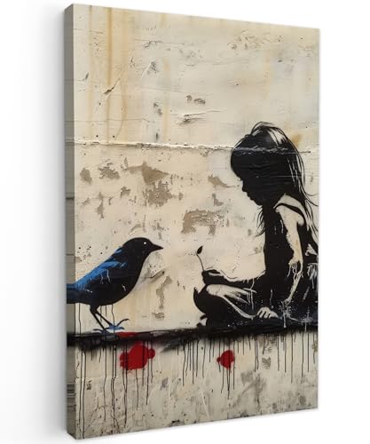 MuchoWow© Bilder 40x60 cm Wohnzimmer Deko Modern Wandbild Kunstdruck auf Leinwand Bild Schlafzimmer über Bett Room Decor Geschenke Street art - Mädchen - Vogel - Graffiti - Banksy von MuchoWow