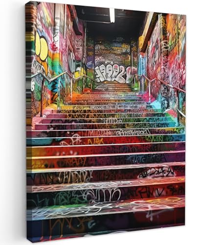 MuchoWow© Bilder 50x70 cm Wohnzimmer Deko Modern Wandbild Foto auf Leinwand Bild Schlafzimmer Room Decor Geschenke Banksy - Street Pop Art - Treppe - Graffiti - Farben - Kunst von MuchoWow