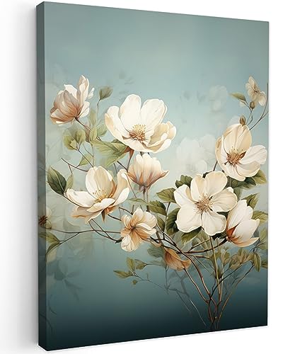 MuchoWow© Bilder 50x70 cm Wohnzimmer Deko Modern Wandbild Foto auf Leinwand Bild Schlafzimmer Room Decor Geschenke Vintage - Blumen - Weiß - Zweige - Natur von MuchoWow