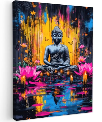 MuchoWow© Bilder 50x70 cm Wohnzimmer Deko Modern Wandbild Kunstdruck auf Leinwand Bild Schlafzimmer über Bett Room Decor Geschenke Buddha - Blumen - Kerzen - Gelb von MuchoWow
