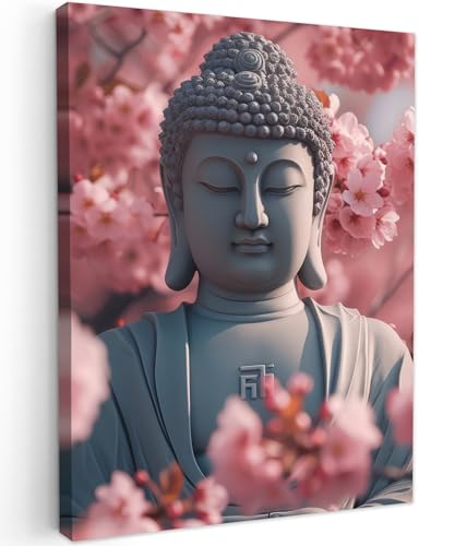 MuchoWow© Bilder 50x70 cm Wohnzimmer Deko Modern Wandbild Kunstdruck auf Leinwand Bild Schlafzimmer über Bett Room Decor Geschenke Buddha - Statue - Sakura - Kirschblüte von MuchoWow