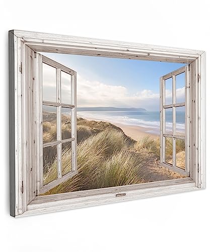 MuchoWow© Leinwand Bilder 60x40 cm Wanddeko Wohnzimmer Aesthetic Room Decor Deko Zimmer Wandbilder Modern Fensterblick - Meer - Strand - Dünen - Maritim von MuchoWow