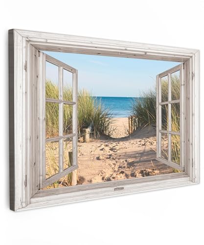 MuchoWow© Bilder 60x40 cm Wohnzimmer Deko Modern Wandbild Foto auf Leinwand Bild Schlafzimmer Room Decor Geschenke Fensterblick - Strand - Meer - Dünen - Sand - Wasser - Dünengras von MuchoWow