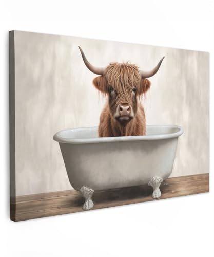 MuchoWow© Bilder 60x40 cm Wohnzimmer Deko Modern Wandbild Foto auf Leinwand Bild Schlafzimmer Room Decor Geschenke Hochlandrind - Highland Cow - Bad - Badezimmer - Badewanne - Braun von MuchoWow