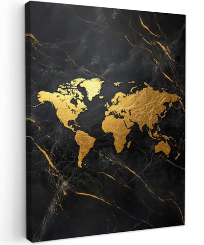 MuchoWow© Bilder 60x80 cm Wohnzimmer Deko Modern Wandbild Kunstdruck auf Leinwand Bild Schlafzimmer über Bett Room Decor Geschenke Weltkarte - Gold - Marmor von MuchoWow