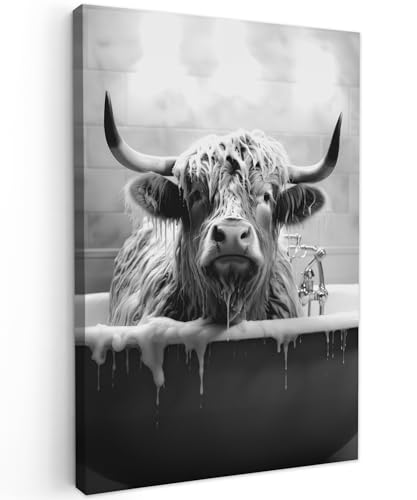 MuchoWow© Bilder 60x90 cm Wohnzimmer Deko Modern Wandbild Foto auf Leinwand Bild Schlafzimmer Room Decor Geschenke Schottische Hochlandrind - Kuh - Schwarz und Weiß - Bad - Schaumstoff von MuchoWow