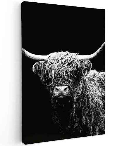 MuchoWow© Bilder 60x90 cm Wohnzimmer Deko Modern Wandbild Foto auf Leinwand Bild Schlafzimmer Room Decor Geschenke Schottisches Hochlandrind - Highland Cow - Kuh - Schwarz und Weiß - Tiere von MuchoWow