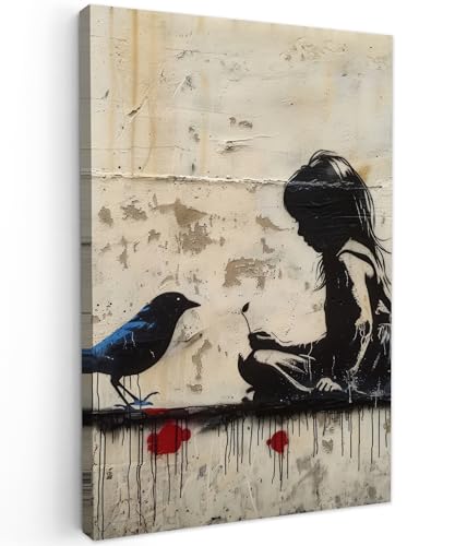 MuchoWow© Bilder 60x90 cm Wohnzimmer Deko Modern Wandbild Kunstdruck auf Leinwand Bild Schlafzimmer über Bett Room Decor Geschenke Street art - Mädchen - Vogel - Graffiti - Banksy von MuchoWow