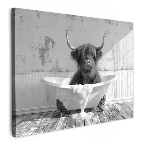 MuchoWow© Bilder 70x50 cm Deko Modern Wandbild Kunstdruck auf Leinwand Bild Badezimmer WC Toilette über Bett Room Decor Geschenke Elefant - Vintage - Schwarz und weiß - Tiere - Badewanne von MuchoWow