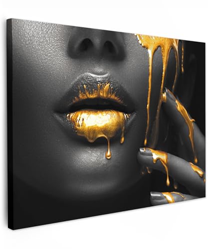 MuchoWow© Bilder 70x50 cm Wohnzimmer Deko Modern Wandbild Foto auf Leinwand Bild Schlafzimmer Room Decor Geschenke Frau - Schwarz - Gold - Gesicht - Lippen von MuchoWow
