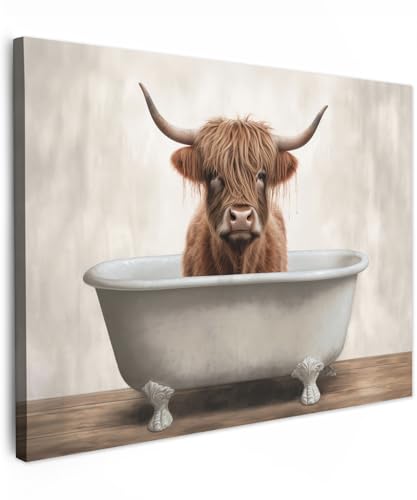 MuchoWow© Bilder 70x50 cm Wohnzimmer Deko Modern Wandbild Foto auf Leinwand Bild Schlafzimmer Room Decor Geschenke Hochlandrind - Highland Cow - Bad - Badezimmer - Badewanne - Braun von MuchoWow