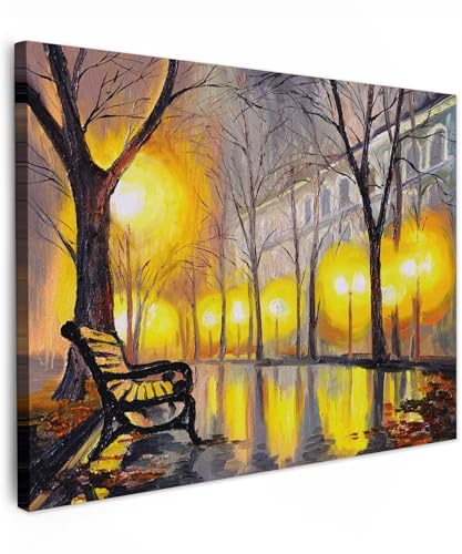 MuchoWow© Bilder 70x50 cm Wohnzimmer Deko Modern Wandbild Foto auf Leinwand Bild Schlafzimmer Room Decor Geschenke Kunstdruck - Gemälde - Bank - Wasser - Licht - Ölgemälde von MuchoWow