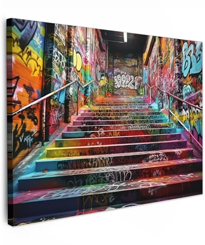 MuchoWow© Bilder 80x60 cm Wohnzimmer Deko Modern Wandbild Foto auf Leinwand Bild Schlafzimmer Room Decor Geschenke Banksy - Street Pop Art - Treppe - Graffiti - Farben - Kunst von MuchoWow