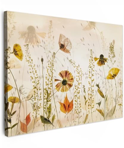 MuchoWow© Bilder 80x60 cm Wohnzimmer Deko Modern Wandbild Foto auf Leinwand Bild Schlafzimmer Room Decor Geschenke Illustration - Pflanzen - Insekten - Beige von MuchoWow