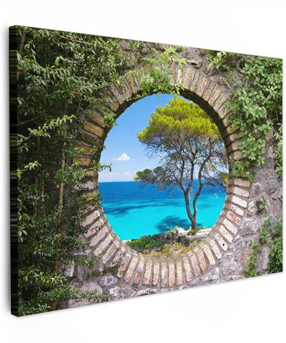 MuchoWow© Bilder 80x60 cm Wohnzimmer Deko Modern Wandbild Foto auf Leinwand Bild Schlafzimmer Room Decor Geschenke Meer - Baum - Tropisch - Fensterblick von MuchoWow