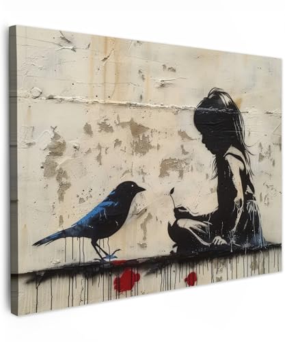 MuchoWow© Bilder 80x60 cm Wohnzimmer Deko Modern Wandbild Foto auf Leinwand Bild Schlafzimmer über Bett Room Decor Geschenke Street art - Mädchen - Vogel - Graffiti - Banksy von MuchoWow