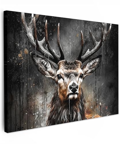 MuchoWow© Bilder 80x60 cm Wohnzimmer Deko Modern Wandbild Kunstdruck auf Leinwand Bild Schlafzimmer über Bett Room Decor Geschenke Hert - Zwart - Dier - Hertenkop von MuchoWow