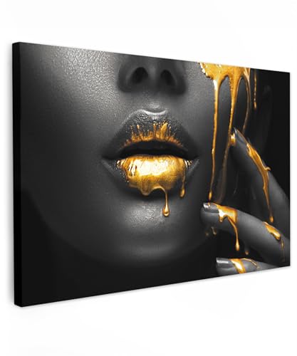 MuchoWow© Bilder 90x60 cm Wohnzimmer Deko Modern Wandbild Foto auf Leinwand Bild Schlafzimmer Room Decor Geschenke Frau - Schwarz - Gold - Gesicht - Lippen von MuchoWow