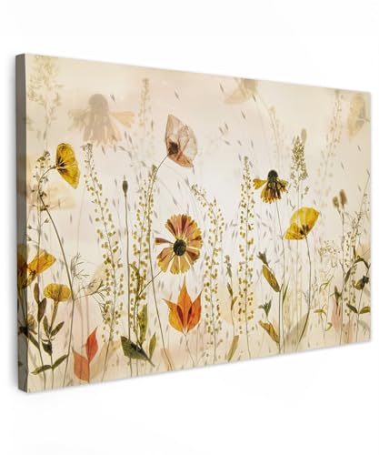 MuchoWow© Bilder 90x60 cm Wohnzimmer Deko Modern Wandbild Foto auf Leinwand Bild Schlafzimmer Room Decor Geschenke Illustration - Pflanzen - Insekten - Beige von MuchoWow