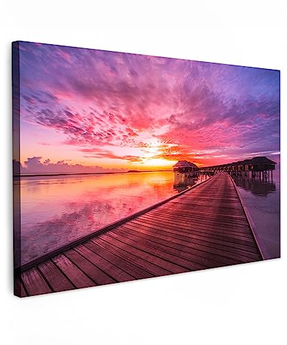 MuchoWow© Bilder 90x60 cm Wohnzimmer Deko Modern Wandbild Foto auf Leinwand Bild Schlafzimmer Room Decor Geschenke Landschaftsbilder - Natur - Steg - Wasser - Sonne - Rosa - Horizont von MuchoWow