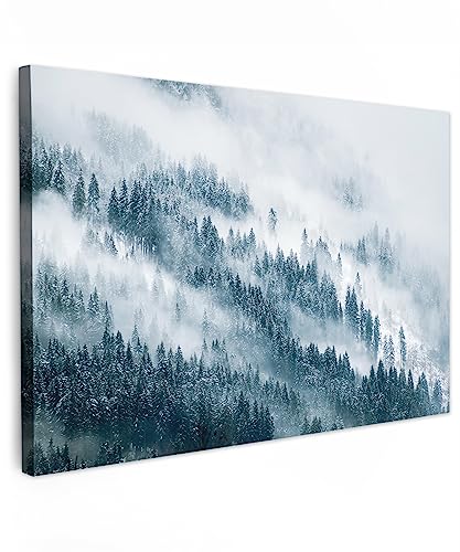 MuchoWow© Bilder 90x60 cm Wohnzimmer Deko Modern Wandbild Foto auf Leinwand Bild Schlafzimmer Room Decor Geschenke Landschaftsbilder - Natur - Winter - Nebel - Wald - Schnee - Kiefer von MuchoWow