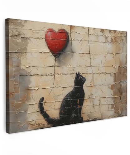 MuchoWow© Bilder 90x60 cm Wohnzimmer Deko Modern Wandbild Foto auf Leinwand Bild Schlafzimmer über Bett Room Decor Geschenke Street Art - Katze - Ballon - Graffiti - Banksy von MuchoWow