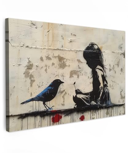 MuchoWow© Bilder 90x60 cm Wohnzimmer Deko Modern Wandbild Kunstdruck auf Leinwand Bild Schlafzimmer über Bett Room Decor Geschenke Street art - Mädchen - Vogel - Graffiti - Banksy von MuchoWow