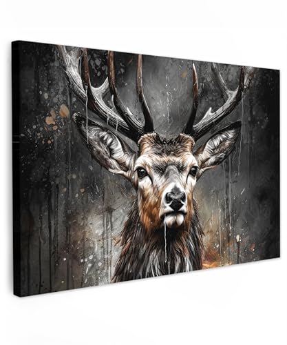 MuchoWow© Bilder 90x60 cm Wohnzimmer Deko Modern Wandbild Kunstdruck auf Leinwand Bild Schlafzimmer über Bett Room Decor Geschenke Hert - Zwart - Dier - Hertenkop von MuchoWow